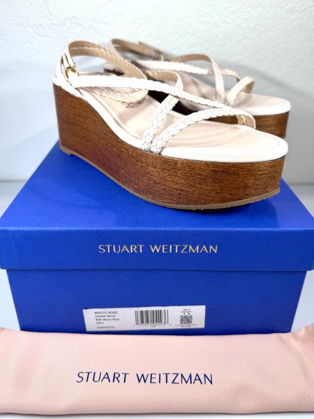 STUART WEITZMAN NIB WOVETTE SEASHELL WALLNUT WOOD WEDGE SANDAL. SIZE 9 B - Picture 2 of 16